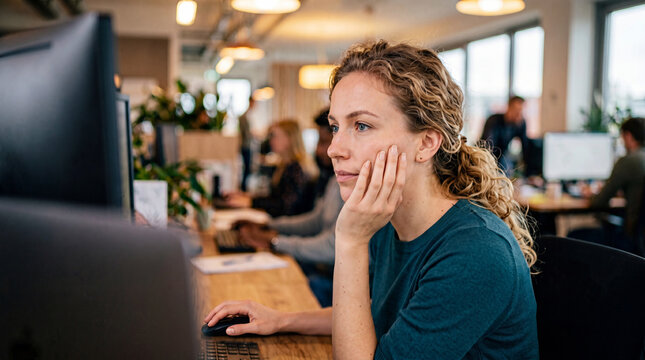 Young woman with curly hair working at a computer in a modern office environment, colleagues visible in the background