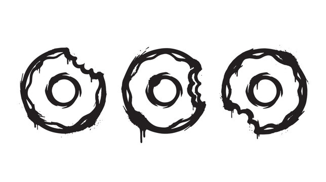 Three graffiti black and white of bitten donuts with dripping glaze, isolated on a white background, representing sweet snacks and food indulgence