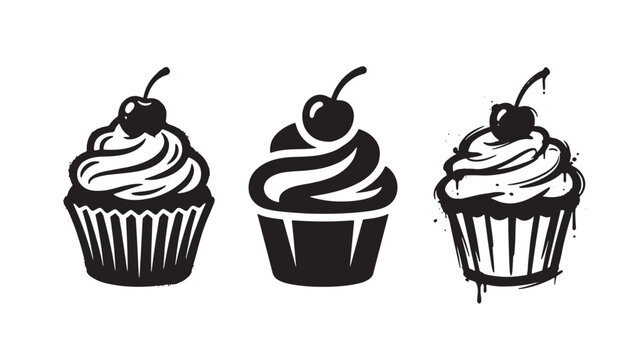 Three graffiti black and white of cupcakes topped with a single cherry, isolated on a white background, for bakery and, dessert branding projects