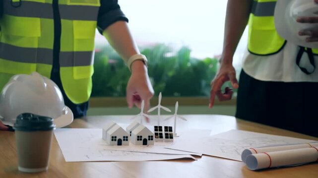 Engineers planning renewable energy project with eco house models and wind turbines.