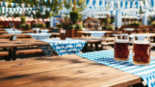 Oktoberfest celebration: two beer steins on Bavarian checkered table in beer garden