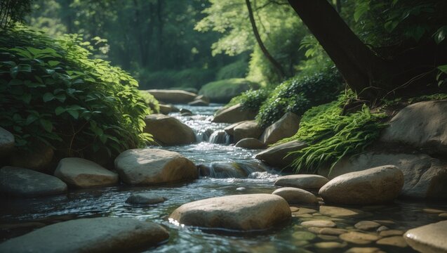 Stream flowing over rocks beneath hanging trees