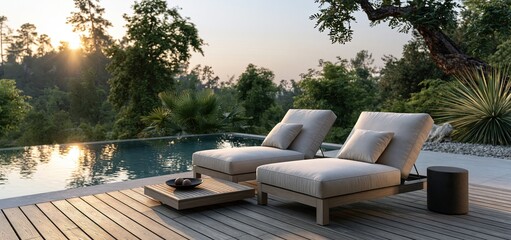 Obraz premium Sunset bathes a tranquil pool area with two sleek lounge chairs, ideal for stylish outdoor relaxation.