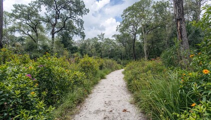 Fototapeta premium Winding Sandy Path Through Lush Greenery and Wildflowers Under Cloudy Sky