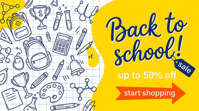 A back to school sale banner featuring hand-drawn school supplies on a grid paper background, with a yellow, splash and a, red arrow for shopping