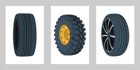 Vehicle Tire Collection Vector Set Featuring Car Truck and Racing Tires, © Rujon