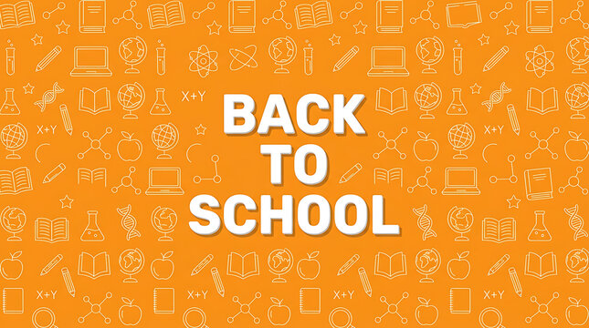 Educational orange background, pattern featuring white, line of school, supplies with the, text back to, school for classroom decorations