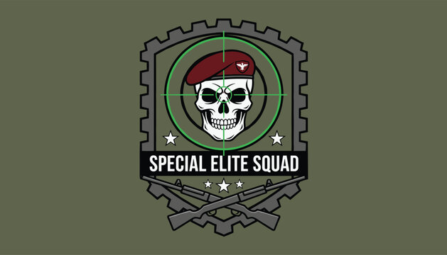 Military style emblem for special elite squad featuring a skull wearing red beret inside a sniper target crosshair.