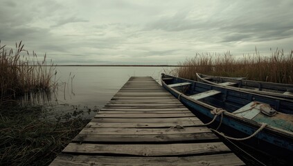 Fototapeta premium Wooden Dock Extending into Calm Water with Boats and Reeds on a Cloudy Day