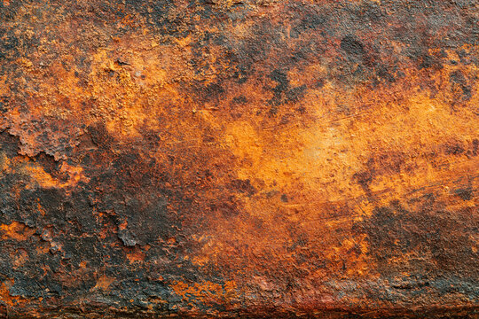 Rusty metal surface texture, corroded orange-brown oxidation patterns, peeling layers and scratches