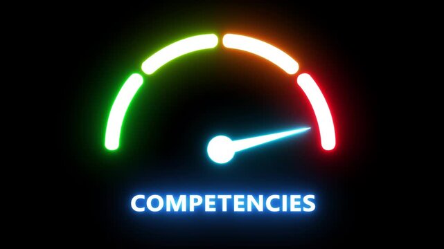 Neon competencies speedometer gauge animation: measuring skill development and performance metrics measurement