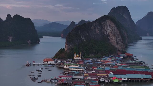 Aerial view of ko panyi floating village in thailand at sunrise