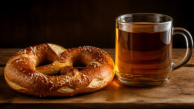 Soft pretzel and amber drink for an autumn festival