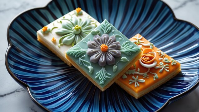 Top view of vibrant snow lotus dessert, mooncake bua hema on dish isolated on white background.