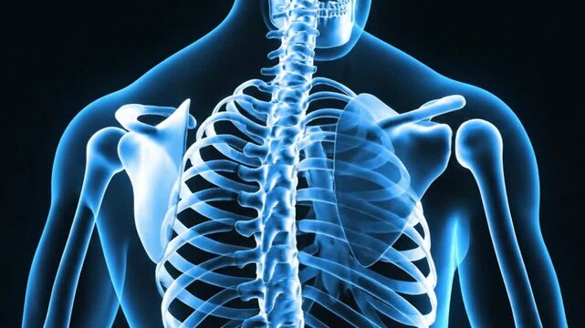 3d rendering of human skeleton anatomy, side view of the neck, shoulder, and rib cage