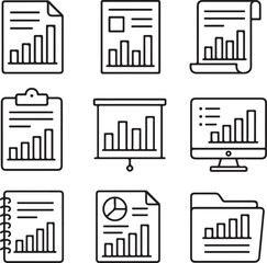 Obraz premium A set of black and white line art icons depicting various business documents and data.