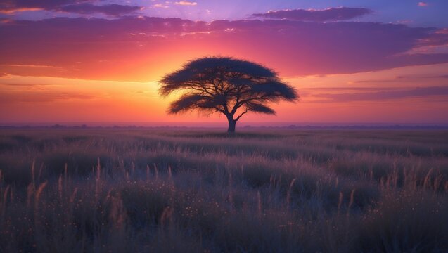 Sunrise over the savanna and grass fields in the heart of Kruger National Park in South Africa