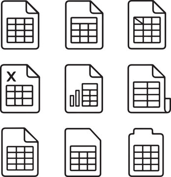 Minimalist black line icons of spreadsheet files on a white background.