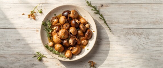 Fototapeta premium Cooked Mushrooms Served on a Plate with Fresh Herbs on a Wooden Table