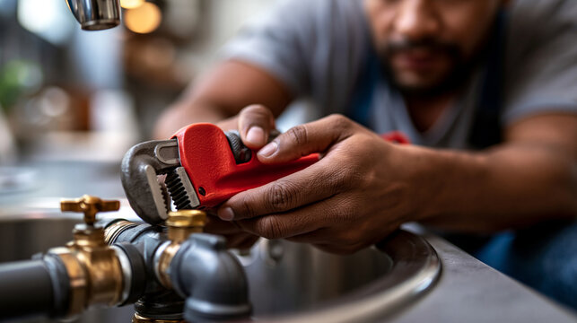 Faceless plumber clearing a clogged pipe under a sink with a red pipe wrench, faceless cropped composition focused on hands, tools, pipes and fittings, with the background softly defocused,