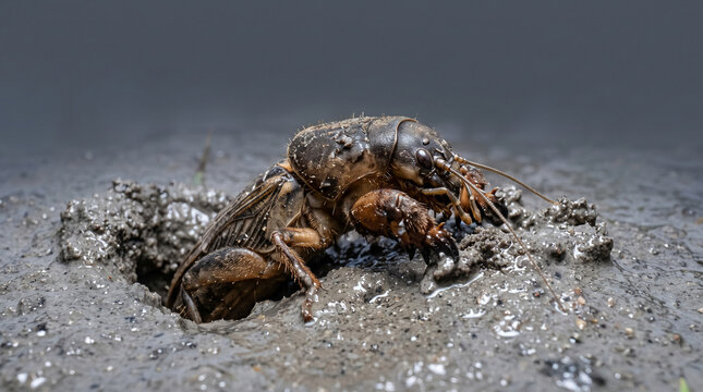 Large brown mole cricket digging its way out of a wet muddy hole in the ground