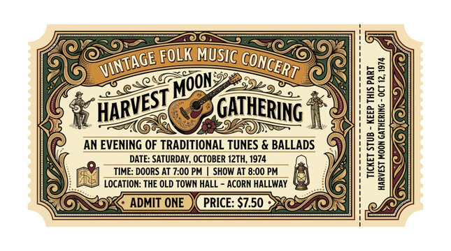 Vintage Folk Music Concert Ticket - Harvest Moon Gathering - 1974