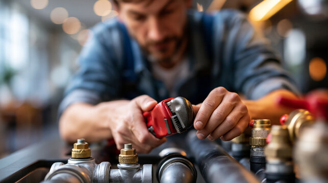Faceless plumber clearing a clogged pipe under a sink with a red pipe wrench, faceless cropped composition focused on hands, tools, pipes and fittings, with the background softly defocused,
