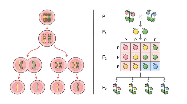 Genetic Inheritance Diagram with meiosis cell division and Punnett square plant cross-breeding ideal for biology textbooks and educational presentations.