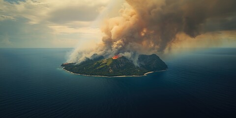 Fototapeta premium Volcano erupting on an island surrounded by ocean