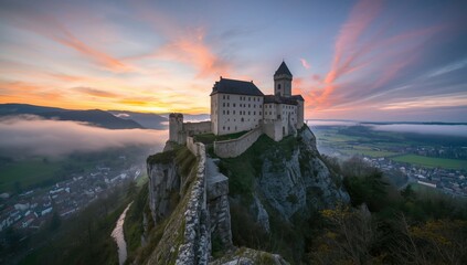 Obraz premium Castle on a Rocky Cliff at Sunset with Colorful Skies and Foggy Valley