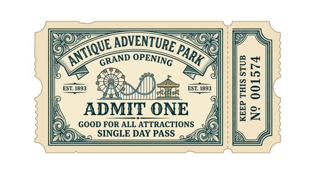 Antique Adventure Park Admit One Ticket, Grand Opening, Vintage Style