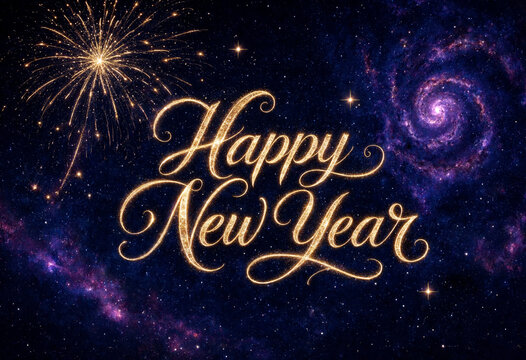Beautiful happy new year greeting with fireworks and galaxy background in space celebration