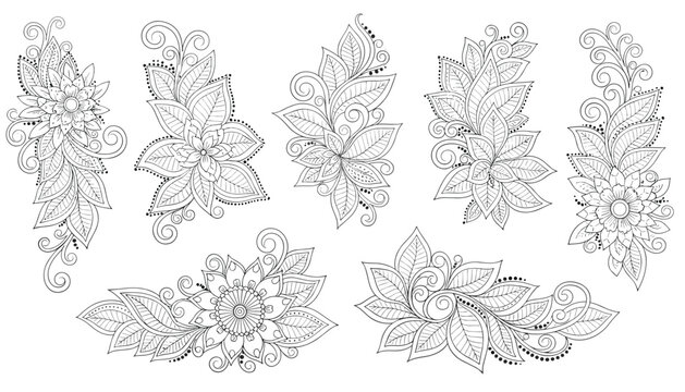 Set of ornate monochrome floral design elements with detailed leaves and swirls perfect for coloring books or mehndi.