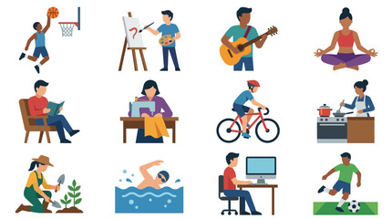 Fototapeta premium Vector illustration set of people engaging in various hobbies and activities indoors and outdoors with set vector elements.