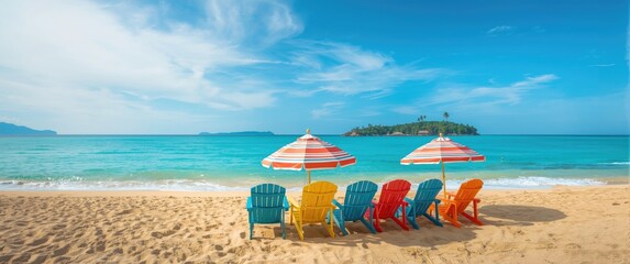 Obraz premium Colorful Beach Chairs with Umbrellas on Sandy Shoreline under Clear Blue Sky