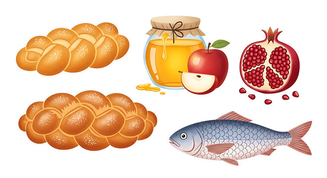 A collection of traditional rosh hashanah food including braided challah bread, a jar of honey, a red apple, pomegranate, and a whole fish