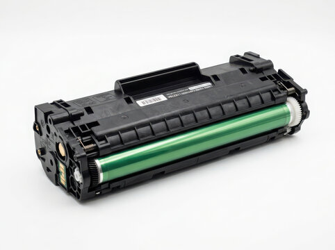 Black laser printer toner cartridge with green drum unit isolated on white background