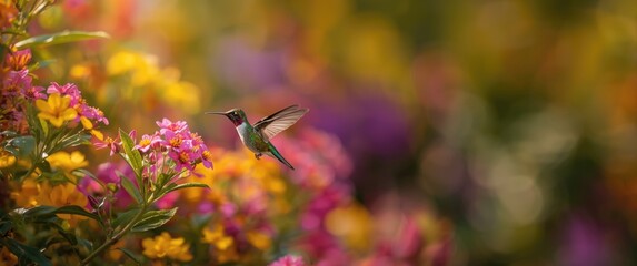Fototapeta premium Hummingbird Feeding on Colorful Flowers in a Vibrant Garden Setting