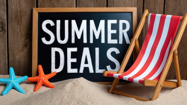 Summer deals text on blackboard featuring lounge and starfishes, blackboard and sand.