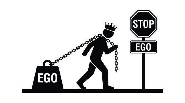 Crowned figure dragging a heavy weight labeled ego towards a stop sign on white background