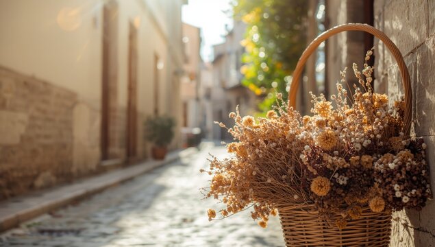 Basket of Dried Flowers Against Stone Wall - Sunlit Cobblestone Street, Warm Atmosphere