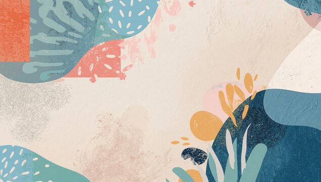 Abstract Colorful Shapes and Textures with Organic Floral Elements on Light Background