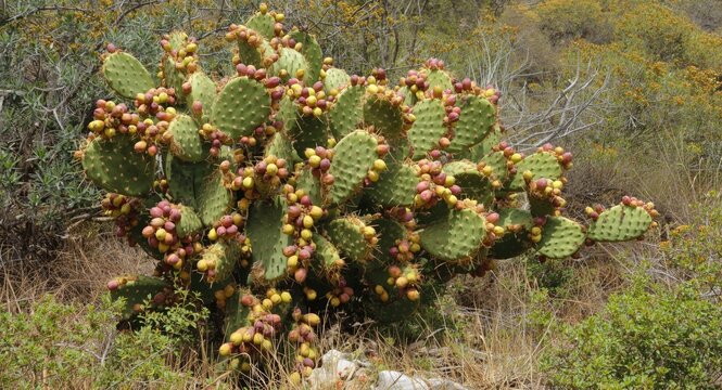Prickly Pear Cactus with Colorful Fruits - Desert Landscape, Bright Daylight