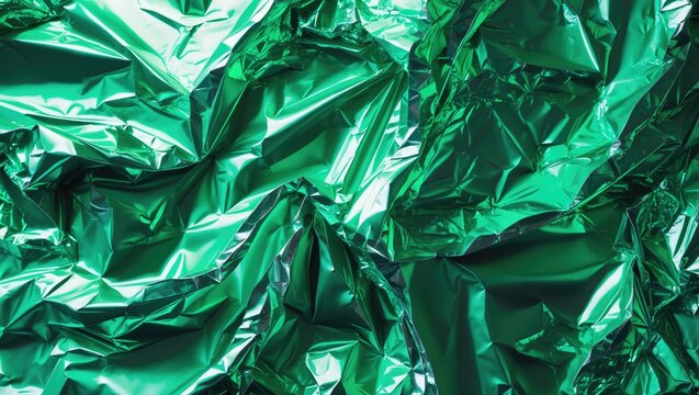 Green foil texture. Crumpled colored background for your design. Copy space. Abstract monochrome textured aluminum foil backdrop.