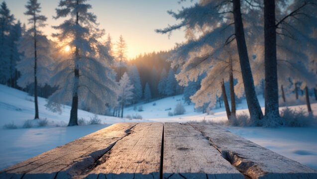Wooden desk space featuring a winter landscape during sunset.