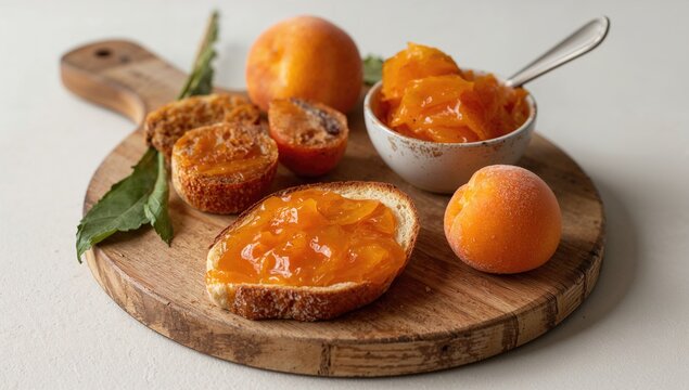 Apricot Jam Spread on Toast with Fresh Apricots and Muffins on Wooden Board