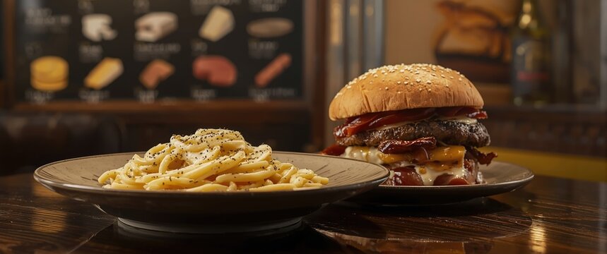 Juicy Hamburger and Pasta Dish on Wooden Table - Rustic Restaurant Setting, Warm Lighting