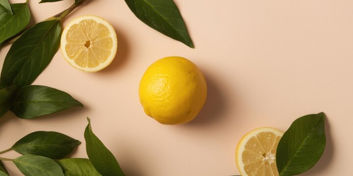Fresh Lemon Surrounded by Green Leaves on a Soft Beige Background