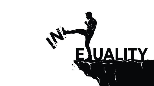 Silhouette of a determined person kicking away the prefix in to create equality from inequality concept