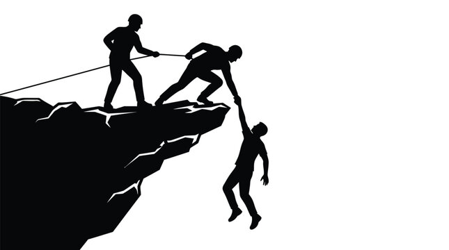 Two brave climbers pulling a person up from a dangerous cliff edge using strong ropes